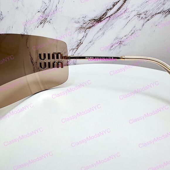 New MIU MIU Aube Sunglasses Gold Light Brown Mirror Bronze Rimless Wrap Womens main image 3